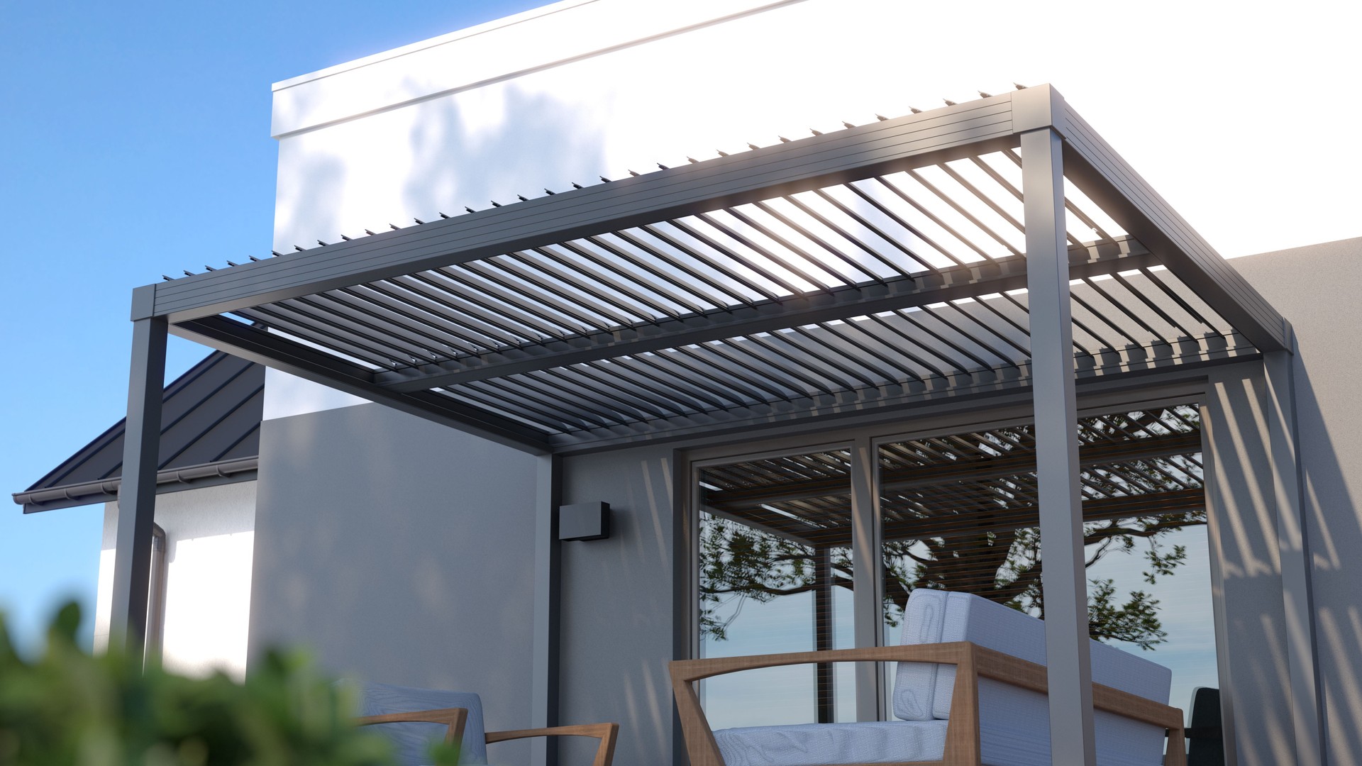 Pergola über der Terrasse. 3D-Darstellung.